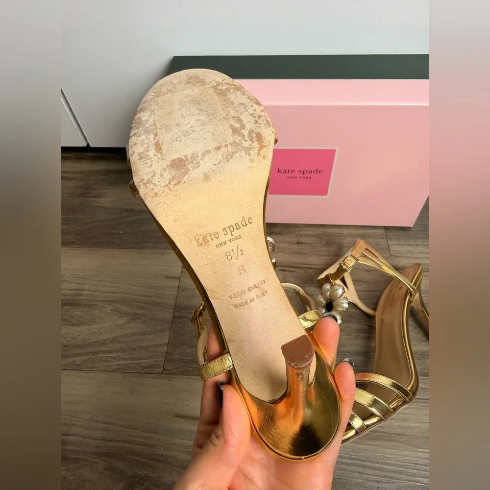 RARE Kate Spade Made In Italy Gold Pearl‎ Floral Heels 8.5B Stiletto